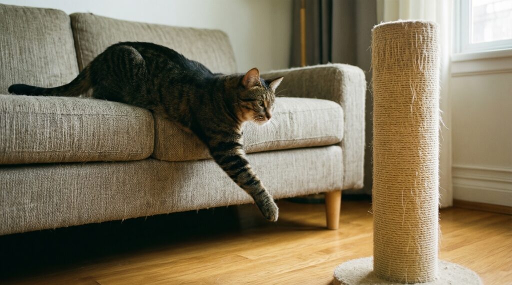 Как приучить кота к когтеточке и спасти мебель - иллюстрация