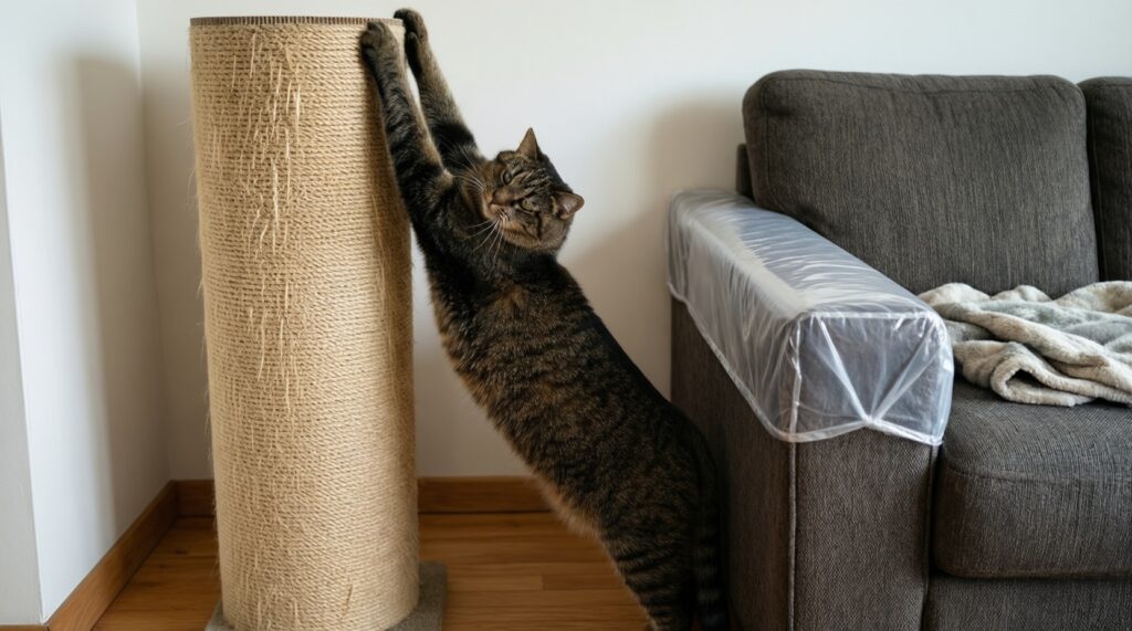 Как приучить кота к когтеточке и спасти мебель - иллюстрация